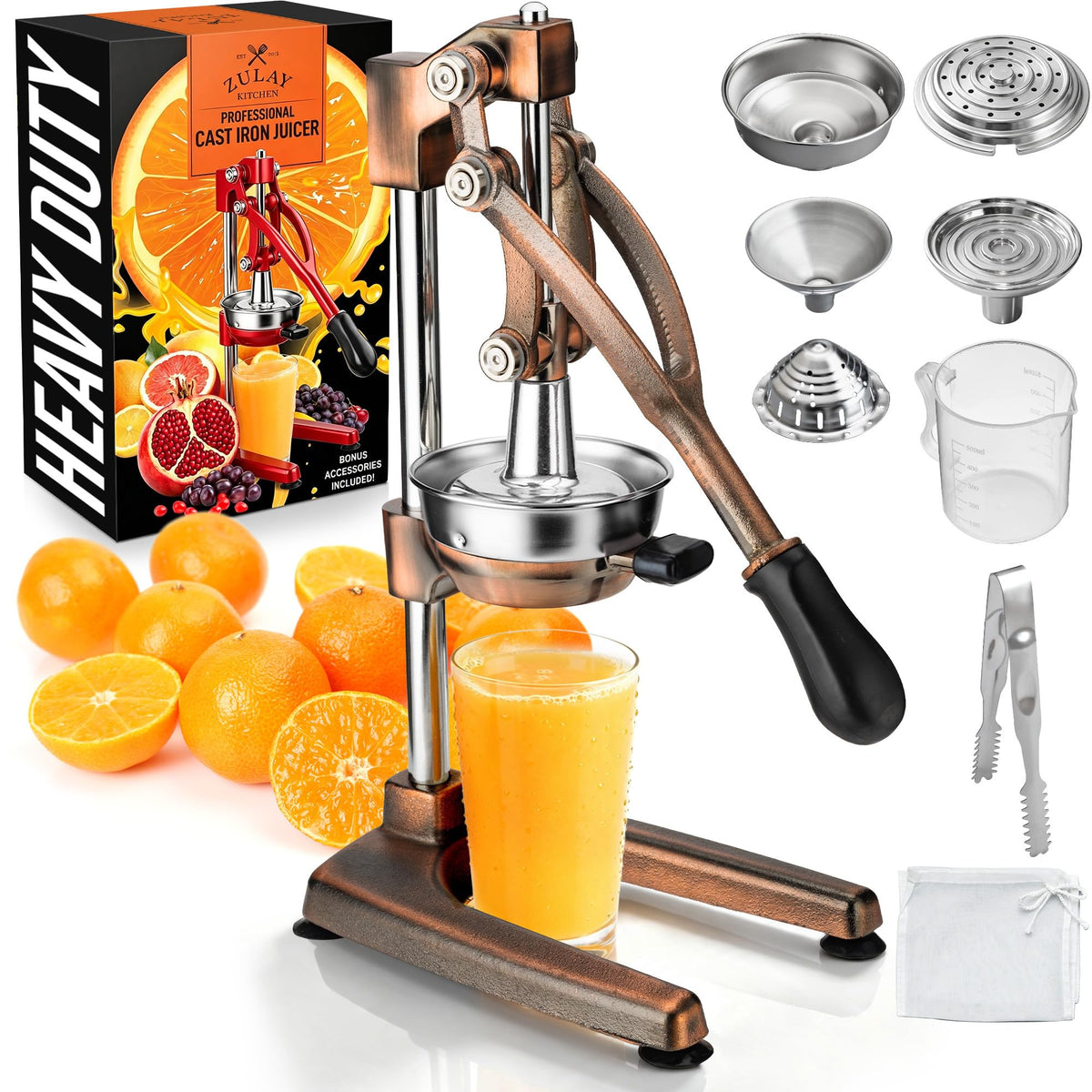 Zulay Kitchen Cast Iron Juicer, Orange Manual Juicer Press, 9-in-1, Blue