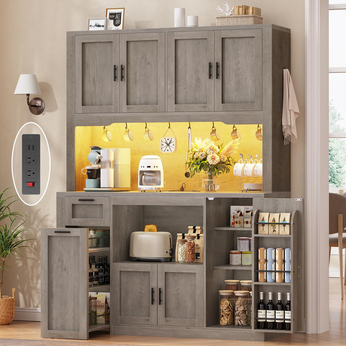 Itaar 71" Pantry Cabinet with Charging Station and LED Light, Kitchen Pantry Cabinet with Microwave Stand, 47.2" Wide Kitchen Storage Cabinets with Storage Cart 3 Tier for Dining Room, White