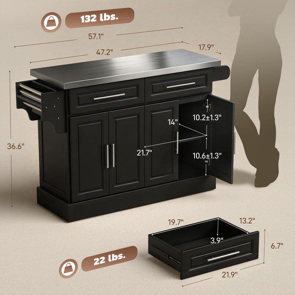 HOMCOM Rolling Kitchen Island Cart with 47" Stainless Steel Top Black