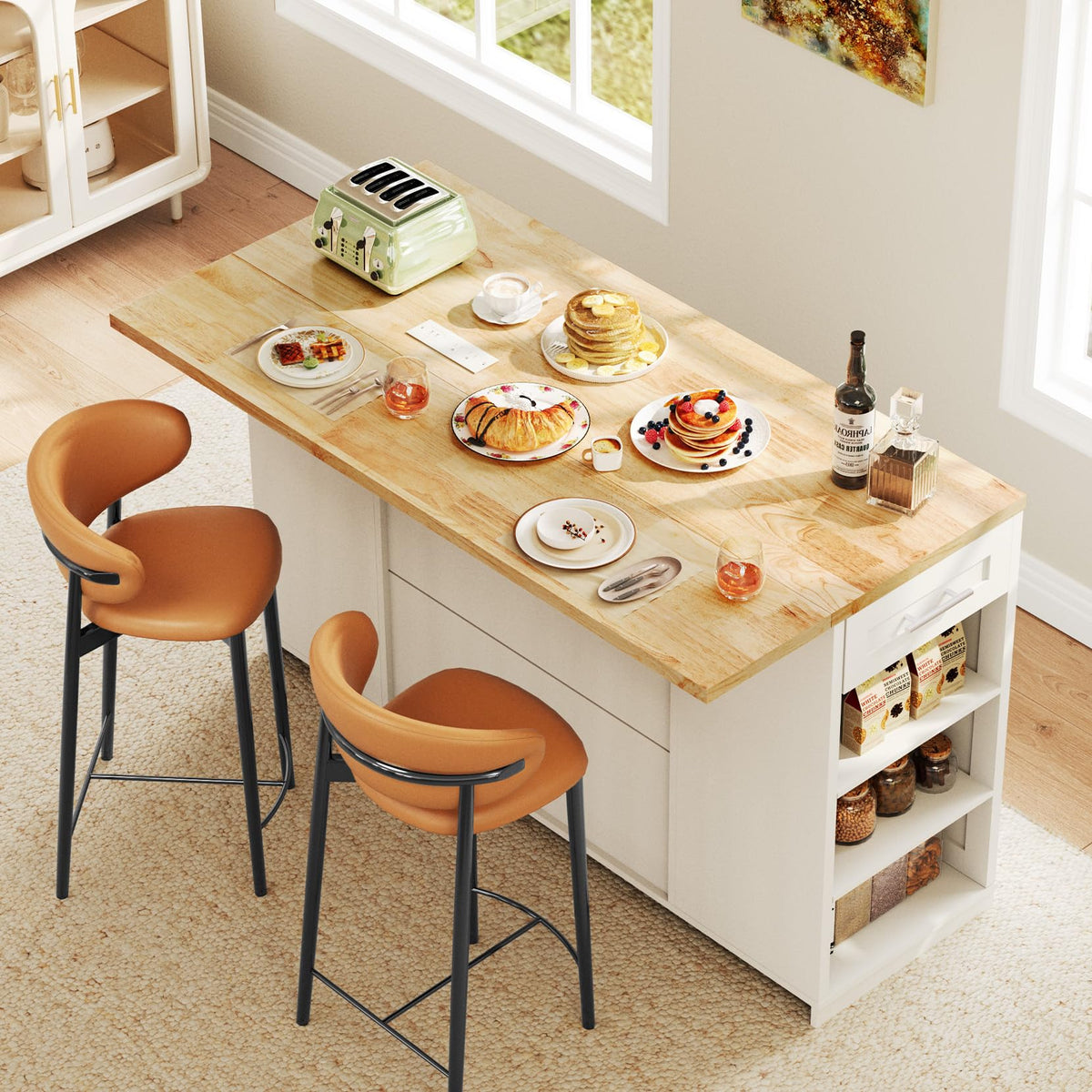Dripex 53'' Rolling Kitchen Island with Power Outlet, Drop Leaf & Trash Can