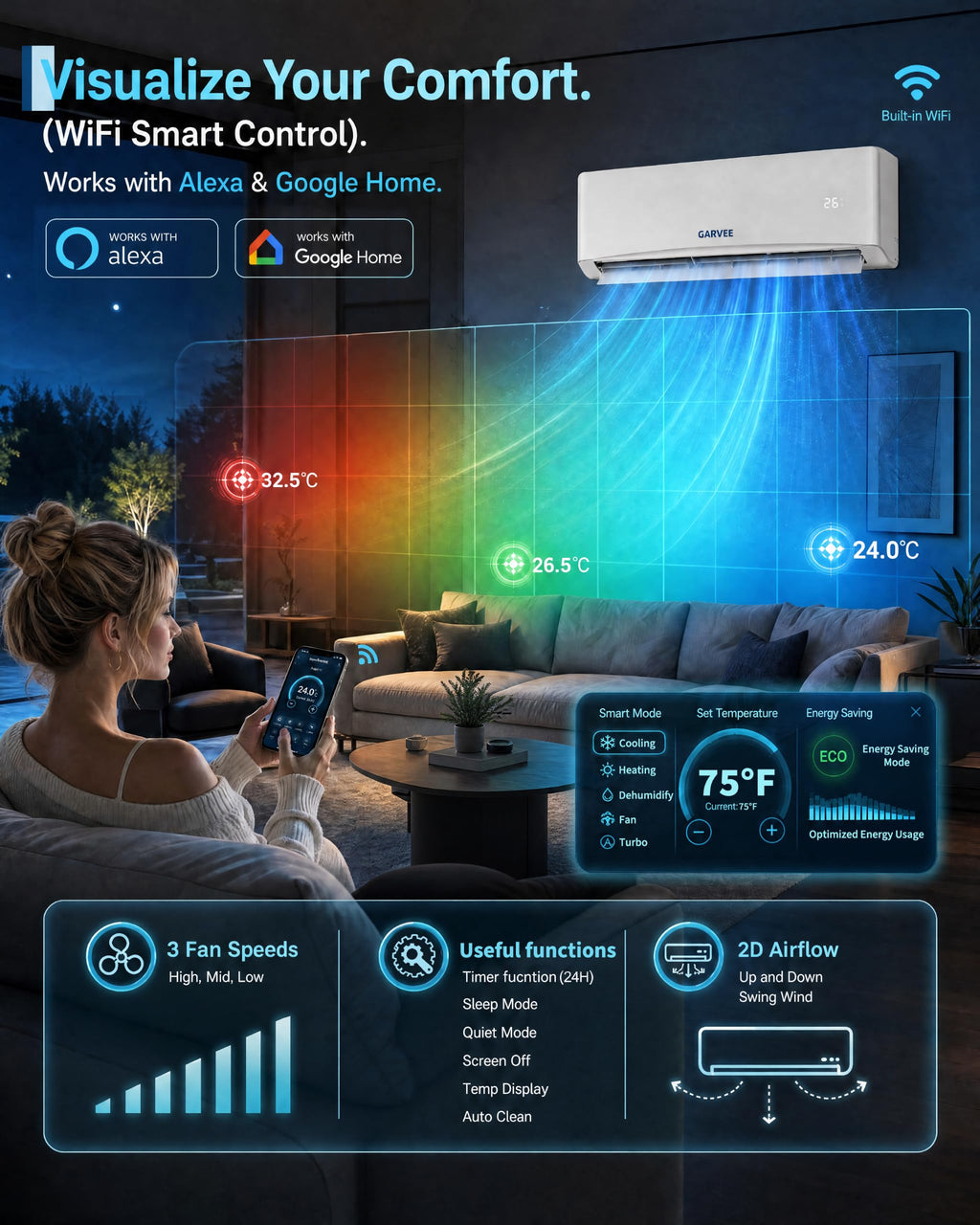 9000 BTU Mini Split AC,230 V 18.5 SEER2 Inverter Heat Pump for to 450 Sq Ft