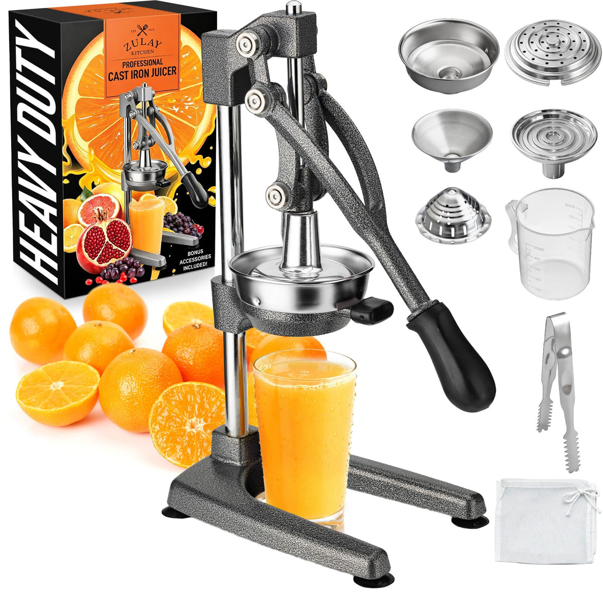 Zulay Kitchen Cast Iron Juicer, Orange Manual Juicer Press, 9-in-1, Blue