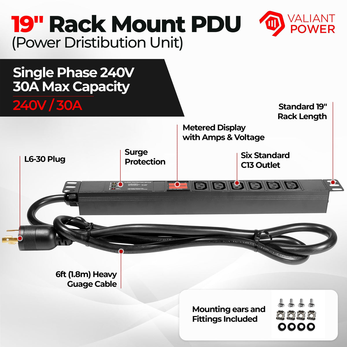 Rack Mount Power Strip - 240V 30A Single Phase PDU with Built-in Surge Protector, Volt & Amp Meter for Data Center - 19” Metal Housing, Ears & Fittings Included, 6’ Cable, 6 Outlets