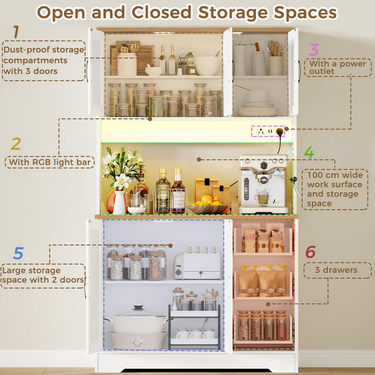 BEWISHOME 72" LED Tall Kitchen Pantry Storage Cabinet with Countertop
