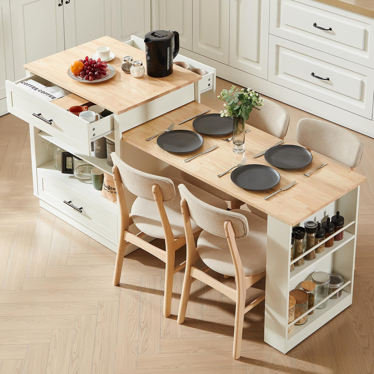 48"-76" Kitchen Islands with Extendable Dining Table, 2-4 People, White