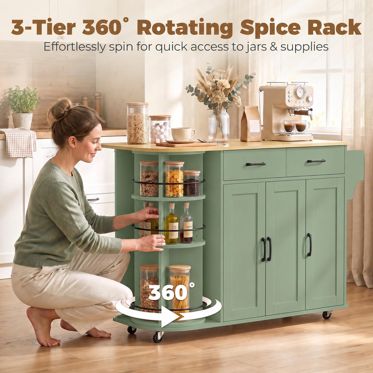 HOMCOM 53" Rolling Kitchen Island with Power Outlet, Storage, Sage Green