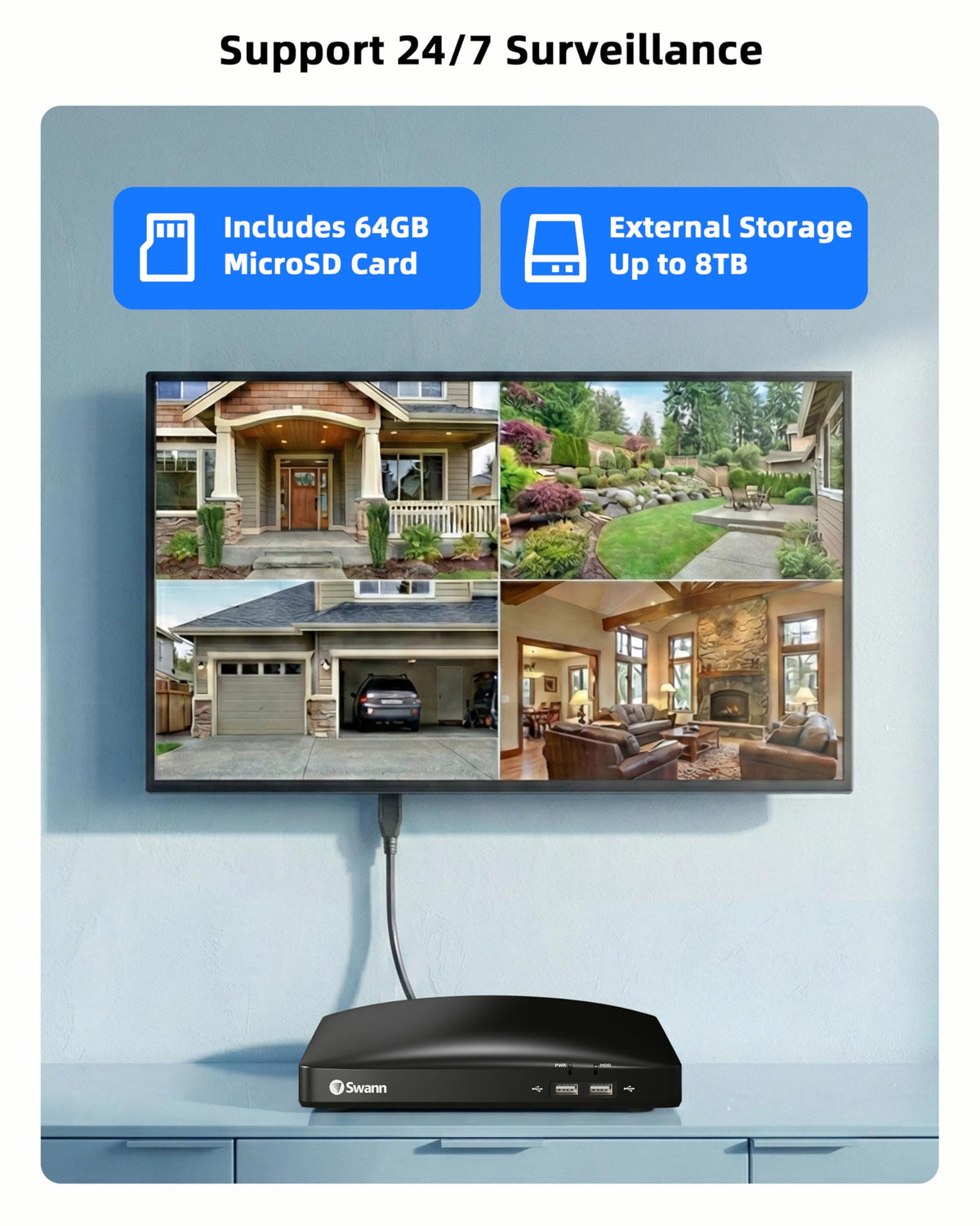 Swann Security Camera System, 1080P Full HD DVR, Wired, 4 Channels 4 Camers, Home/Outdoor, 24/7 Recording, Deterrent Red & Blue Lights, Color Night Vision, Human Vehicle Detection, 446854MQB