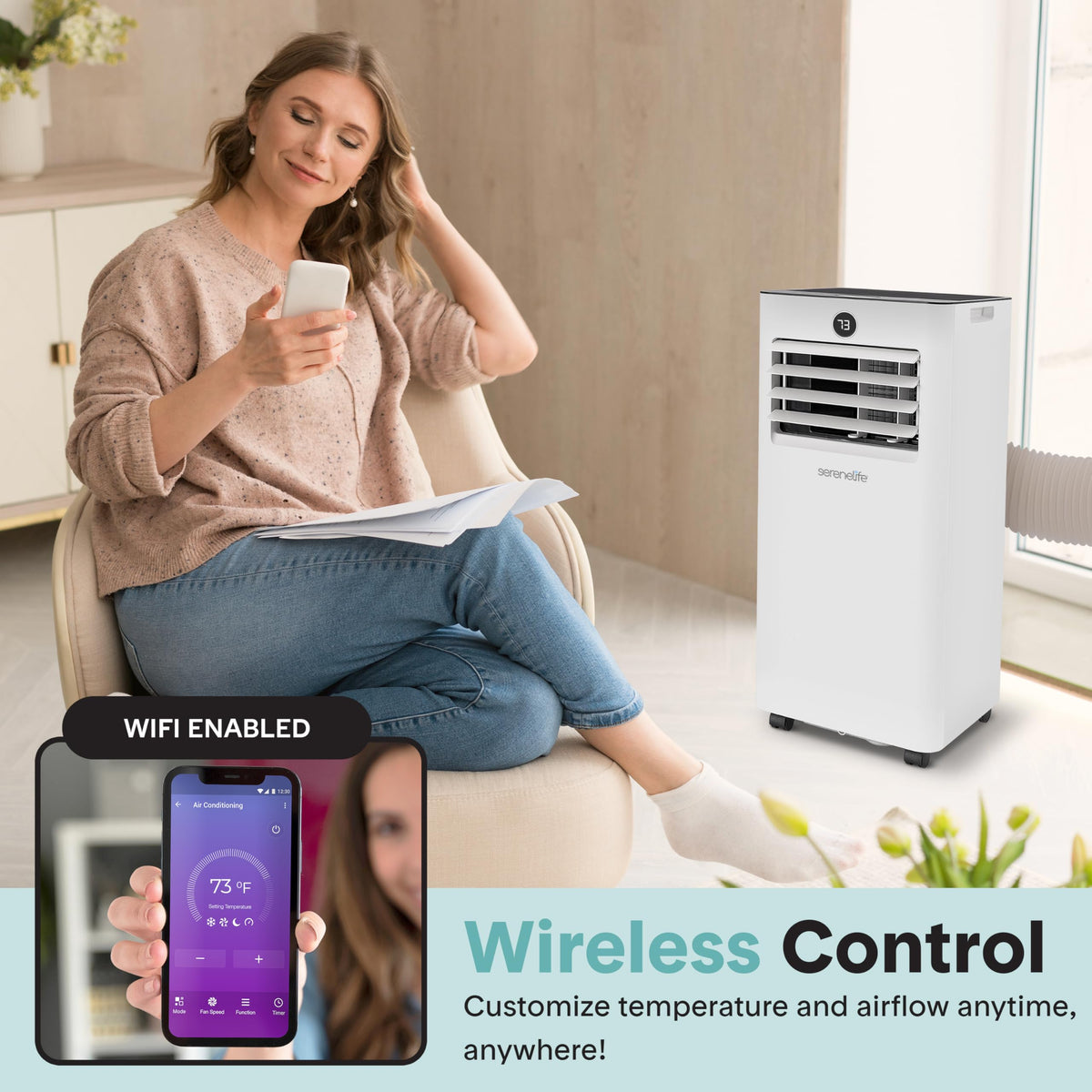 SereneLife 10000 BTU Portable Air Conditioner & Heater with WiFi, 4-in-1 Cooling, Heating, Fan & Dehumidifier, Covers 450 Sq Ft, 24-H Timer, for Bedroom, Home & Office, Includes Window Kit & Remote