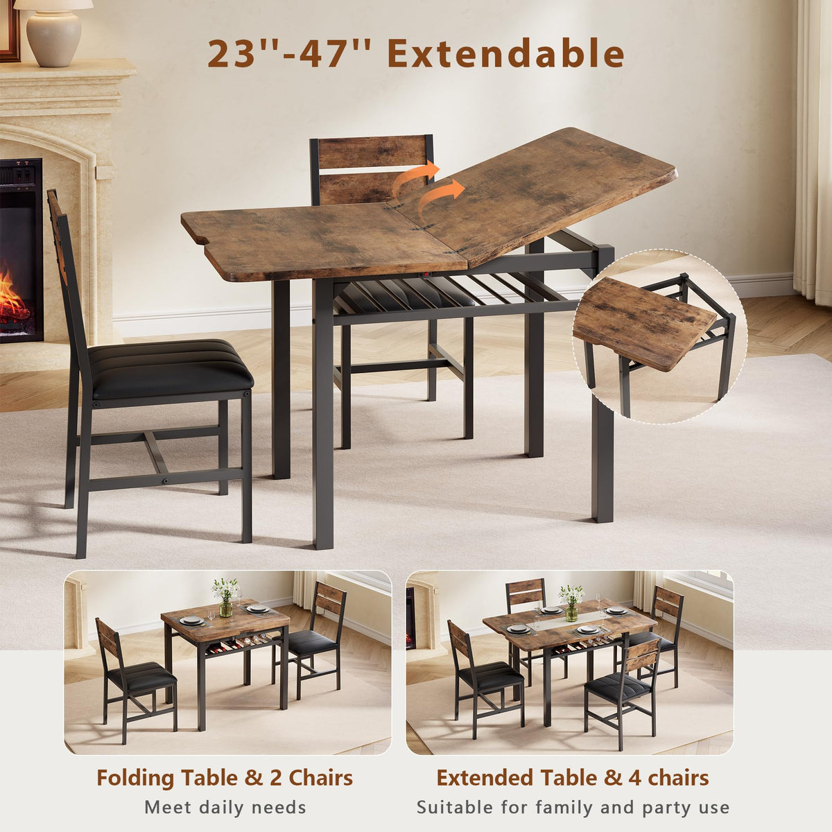 Extendable Dining Table Set for 4 with Built-in Shelf Rack Brown
