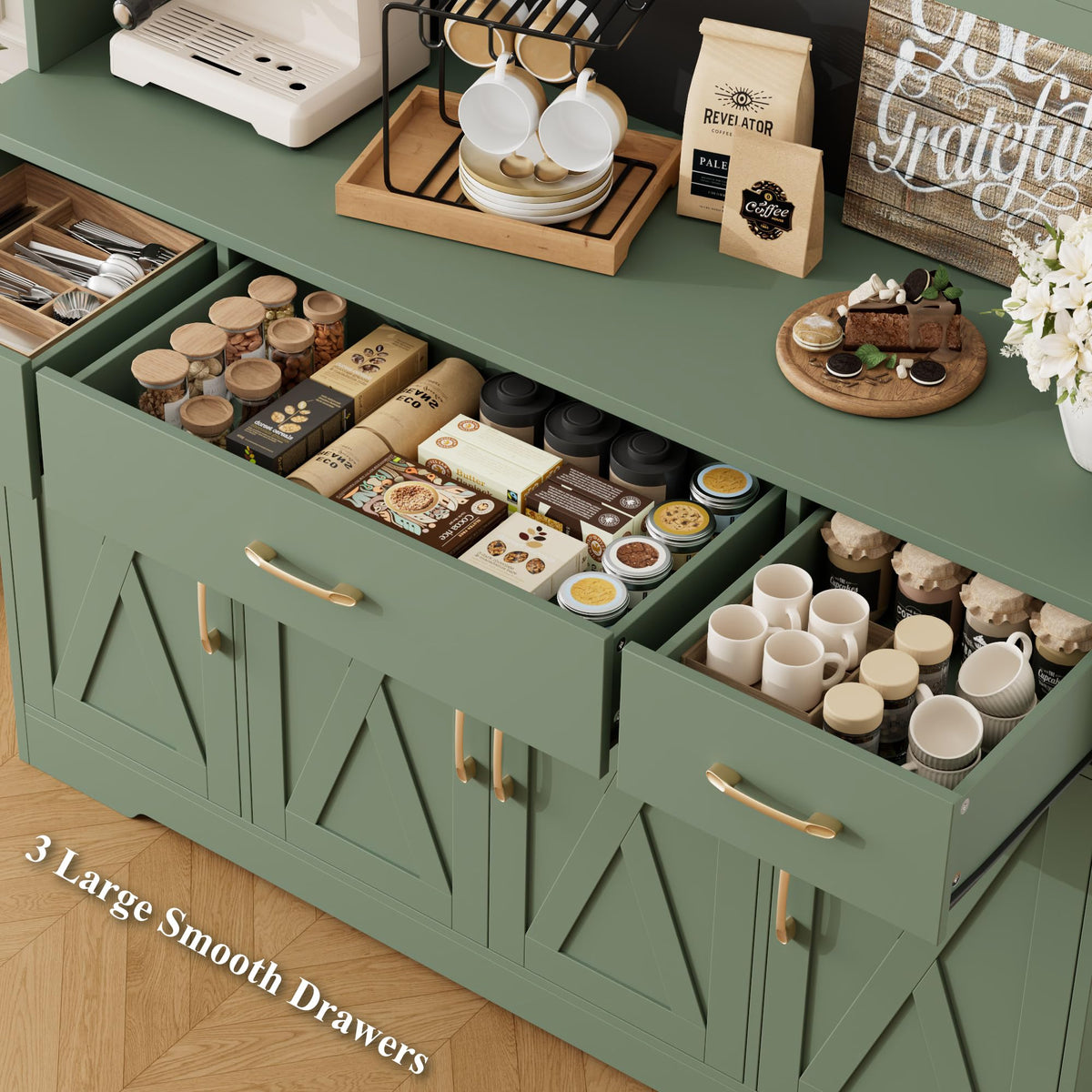 HOSTACK 71" Tall Kitchen Pantry Storage Cabinet, 55" W Kitchen Hutch, Green