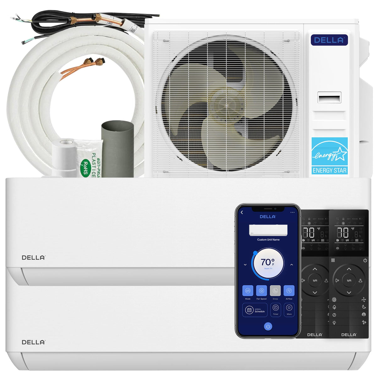 DELLA 42K BTU ODU 2 Zone 23K 23K BTU Cools Up to 3000 Sq.Ft, Energy Star, 22 SEER2 208-230V, Compatible with Alexa and Wifi, Multi Zone Mini Split AC Pre-Charged Heat Pump, 16ft Installation Kits
