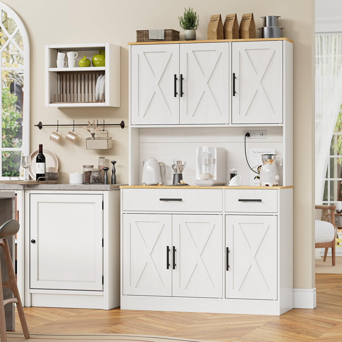 70”Tall Pantry Cabinet w/Charging Station, Kitchen Storage Cabinet
