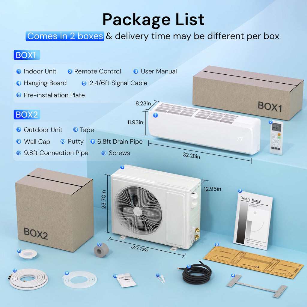 12000BTU Mini Split AC/Heating System, 19 SEER2 Energy Efficient Mini Split Air Conditioner with Heat Pump, 115V Cools Up to 750sq.ft, Ductless Inverter AC Unit with Pre-Charged Condenser