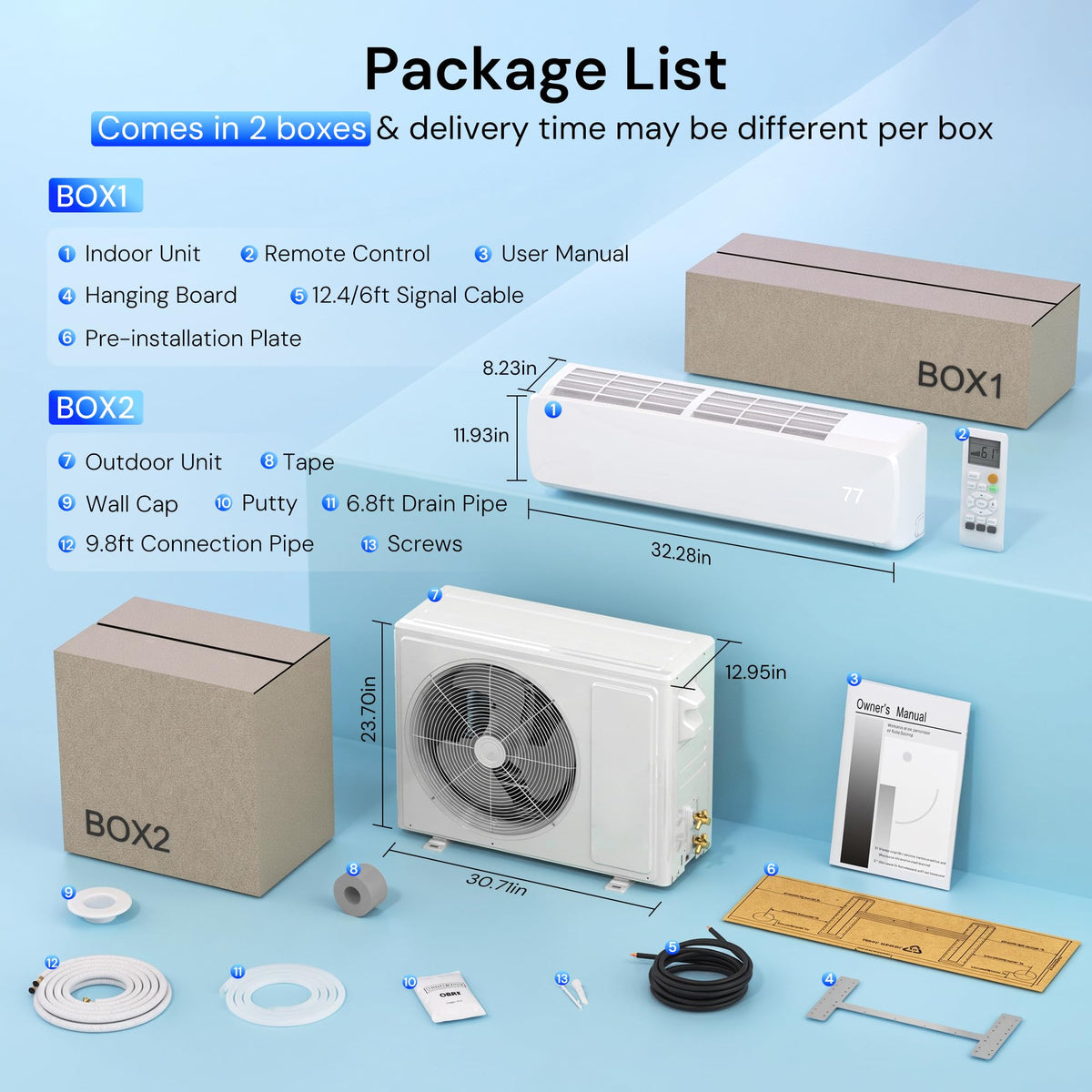 12000BTU Mini Split AC/Heating System, 19 SEER2 Energy Efficient Mini Split Air Conditioner with Heat Pump, 115V Cools Up to 750sq.ft, Ductless Inverter AC Unit with Pre-Charged Condenser