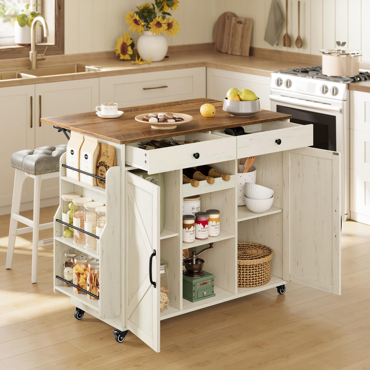 VASAGLE Mobile Kitchen Island with Trash Can Storage, Drop Leaf