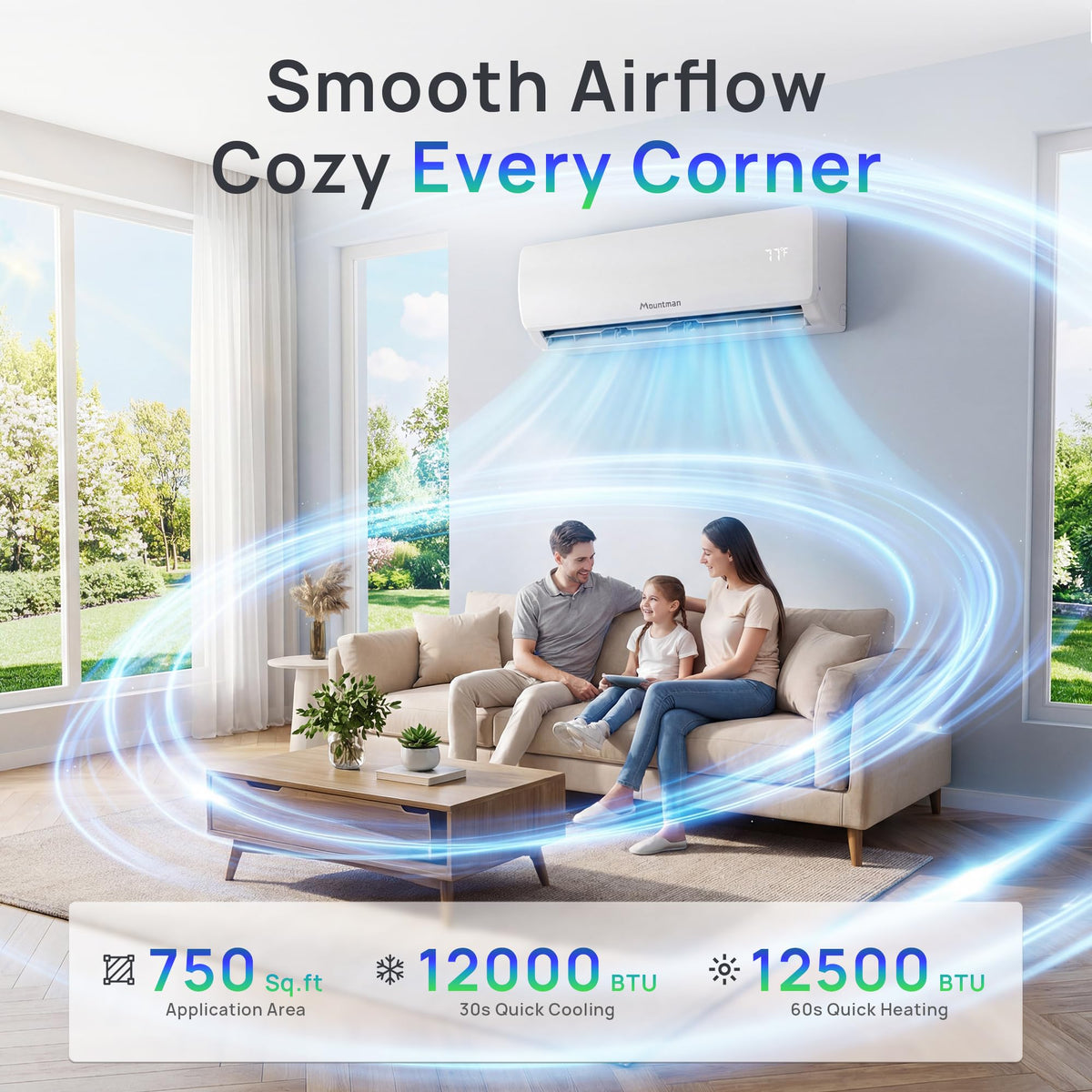 Mountman 12000BTU Mini Split AC/Heating System, 19SEER2 115V Energy Efficient Mini Split Air Conditioner with Heat Pump, Cools Up to 750sq.ft, Ductless Inverter AC Unit with Pre-Charged Condenser