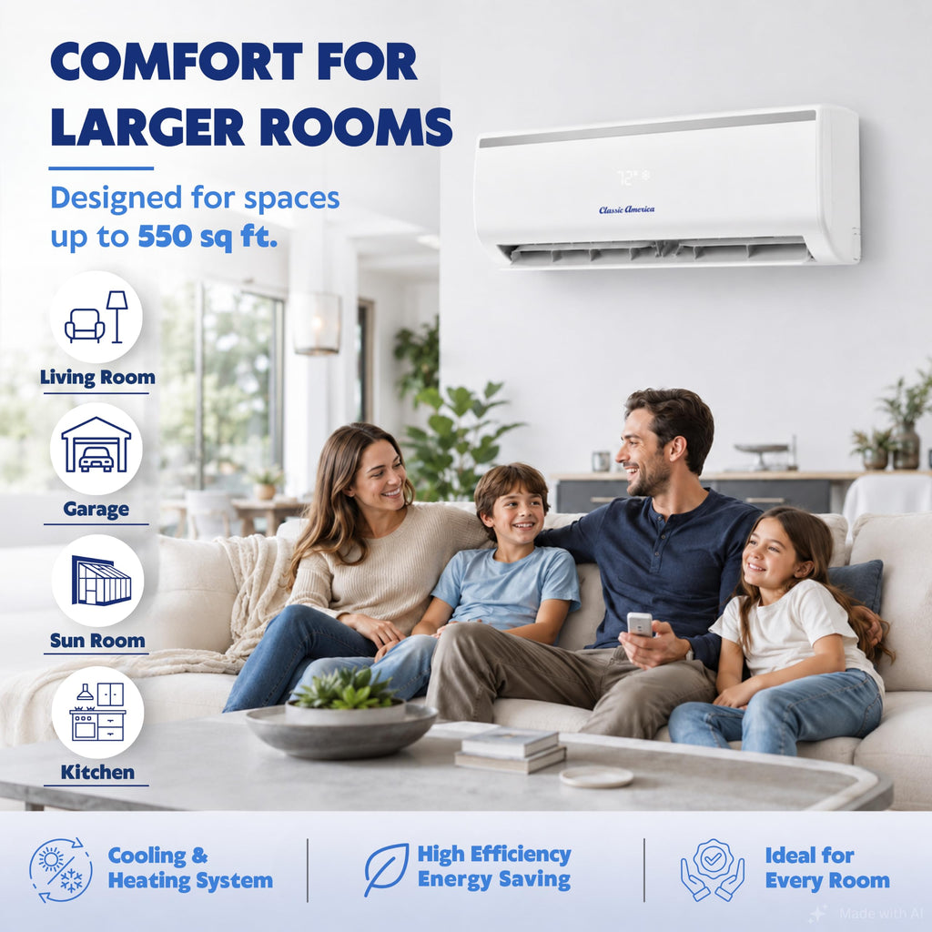 Classic America 12000 BTU Mini Split Heat Pump & AC 19 SEER2 115V 16ft Kit
