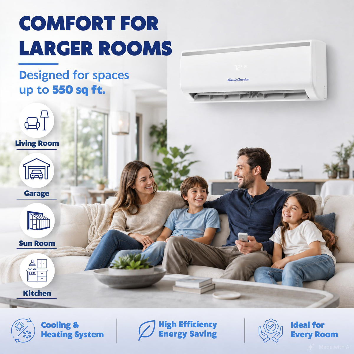 Classic America 12000 BTU Mini Split Heat Pump & AC 19 SEER2 115V 16ft Kit