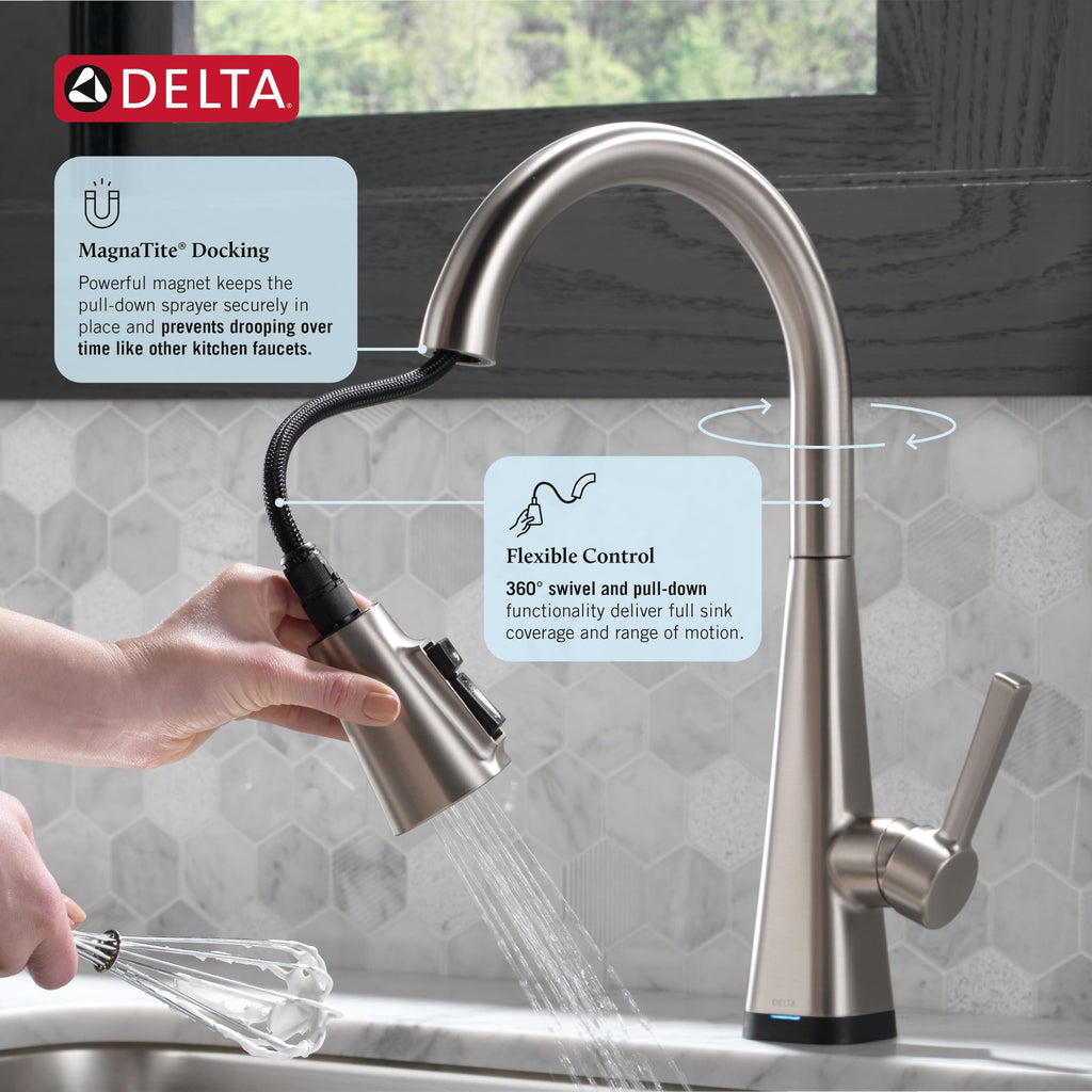 Delta Lenta Brushed Nickel Touch Kitchen Faucet with Pull Down Sprayer, Modern Single Hole Touch On Kitchen Sink Faucet, Single Handle, SpotShield Stainless 19802TZ-SP-DST
