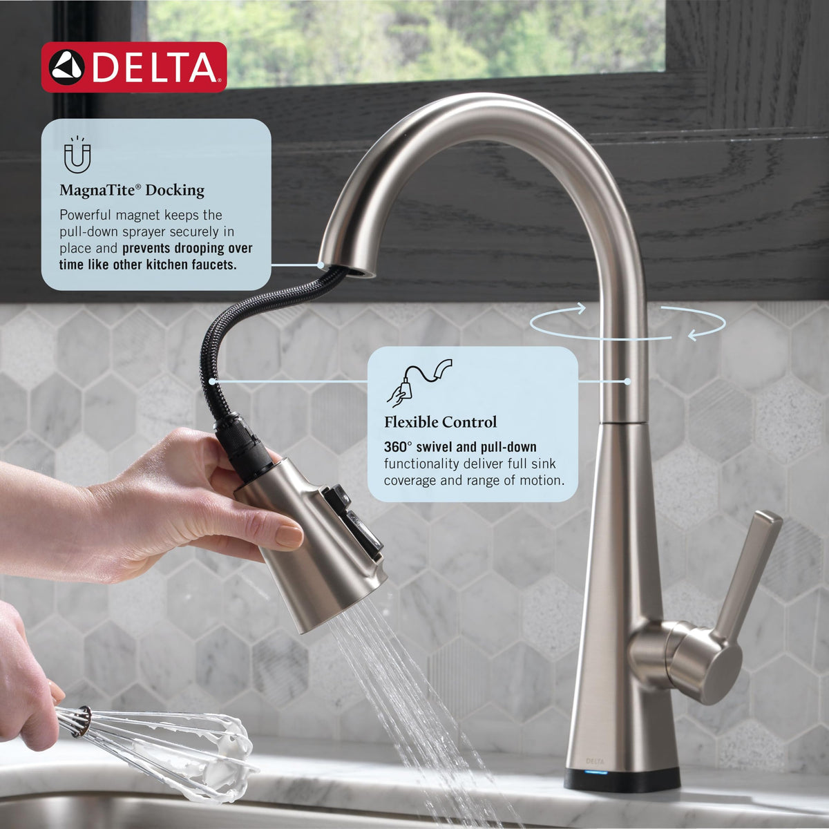 Delta Lenta Brushed Nickel Touch Kitchen Faucet with Pull Down Sprayer, Modern Single Hole Touch On Kitchen Sink Faucet, Single Handle, SpotShield Stainless 19802TZ-SP-DST