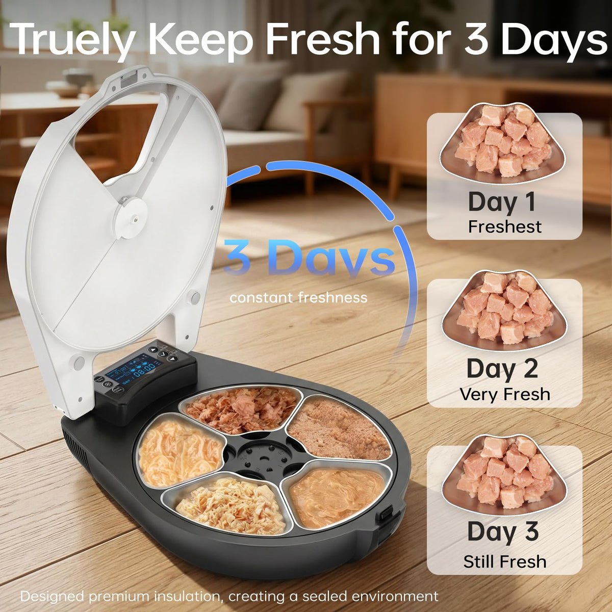 Automatic Wet Food Cat Feeder, 3 Days 5 Freshness Meals Refrigerated Auto Cat Feeder, Semiconductor Cooling & Heating with 304 Stainless Steel Bowl, Programmable Timer Cat Food Dispenser