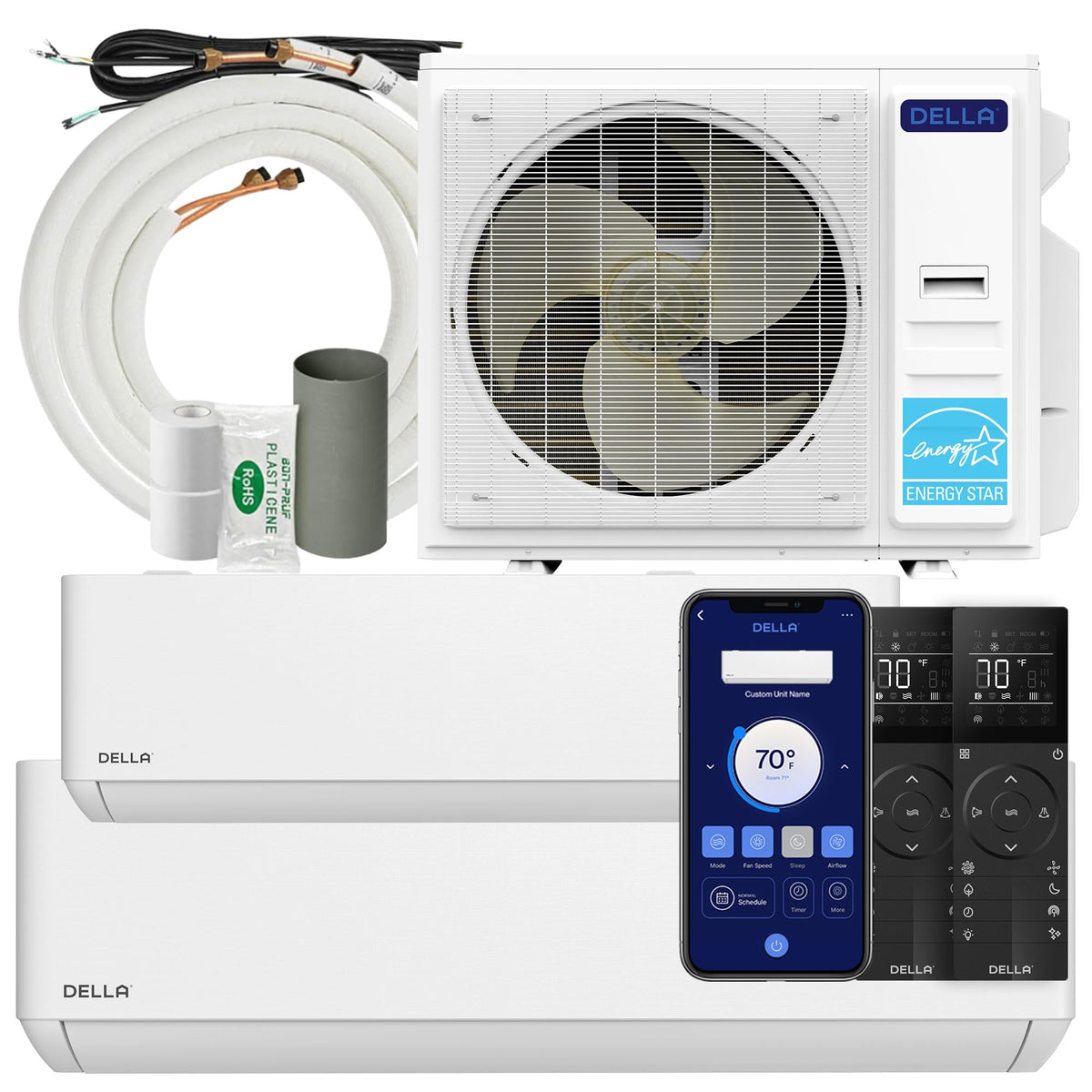 DELLA 42K BTU ODU 2 Zone 23K 23K BTU Cools Up to 3000 Sq.Ft, Energy Star, 22 SEER2 208-230V, Compatible with Alexa and Wifi, Multi Zone Mini Split AC Pre-Charged Heat Pump, 16ft Installation Kits