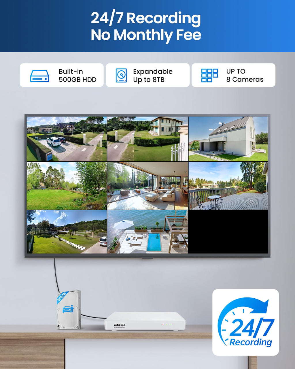 ZOSI 8CH Home Security Camera System with Audio, 4pcs 1080p Cam, 500GB HDD