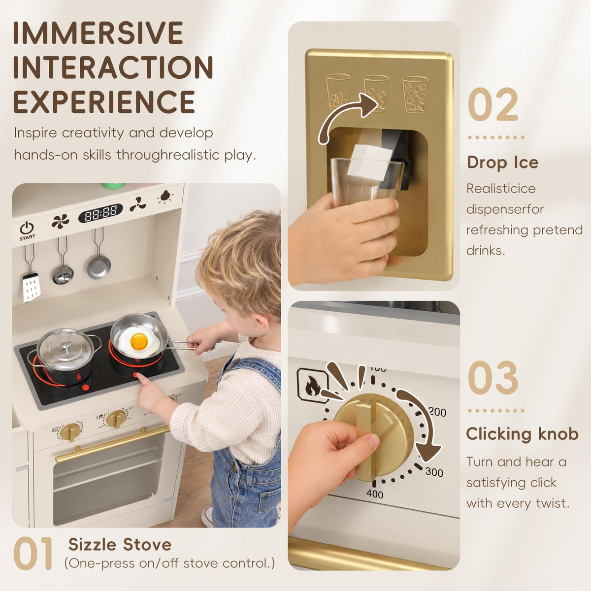 Wooden Play Kitchen, Kids Kitchen Playset with Interactive Feature