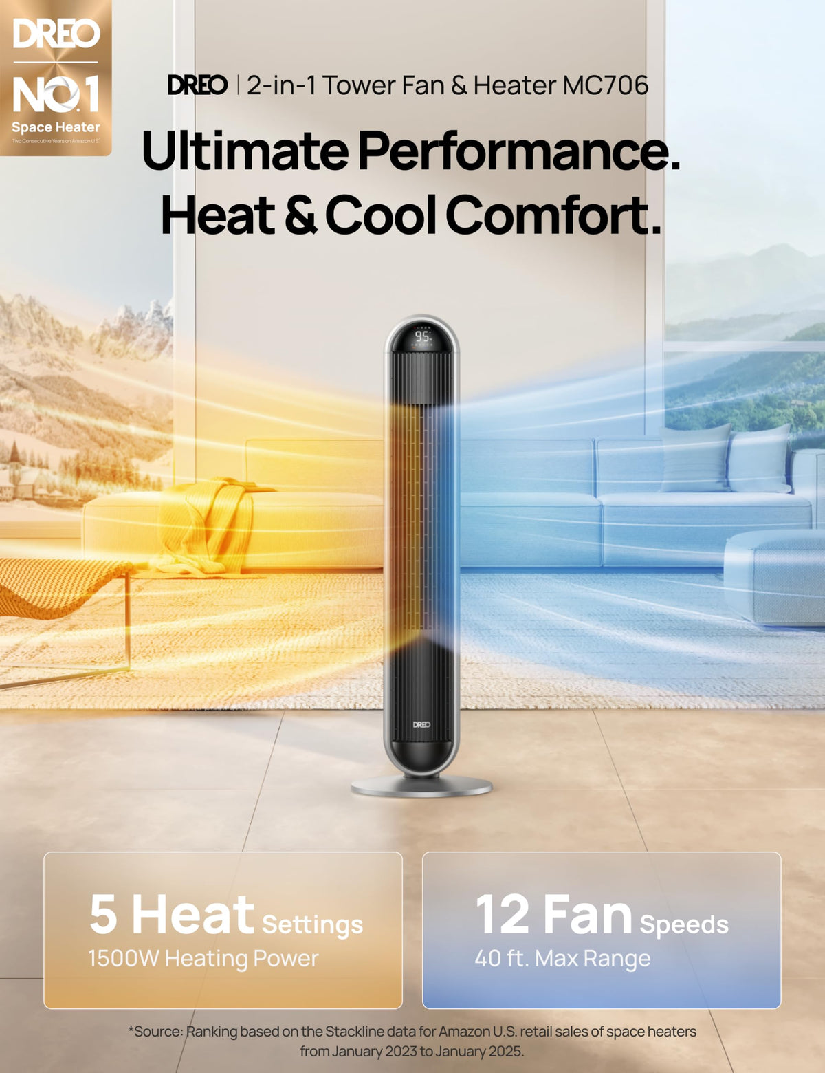 DREO 42" Space Heater Large Room, 25dB Heater and Fan Combo with Remote