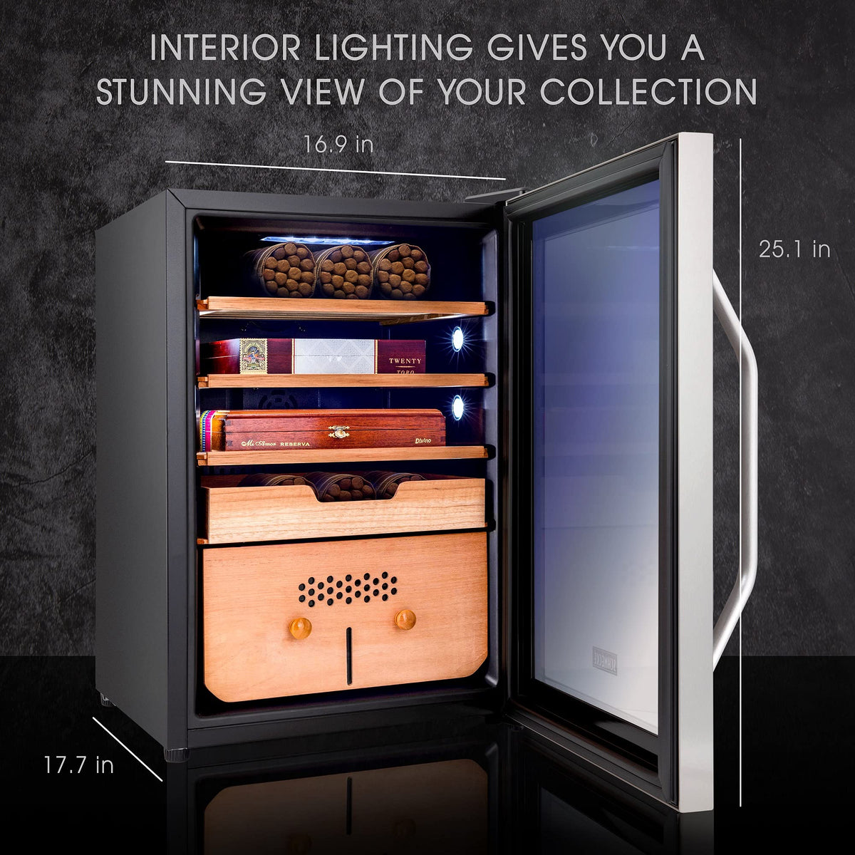 SCHMÉCKÉ 300 Cigar Cooler Humidor with 3 in 1 Precise Cooling, Heating & Humidity Control, Stainless Steel Trim Finish Cabinet, Spanish Cedar Wood Shelves and Drawer with Built in Digital Hygrometer