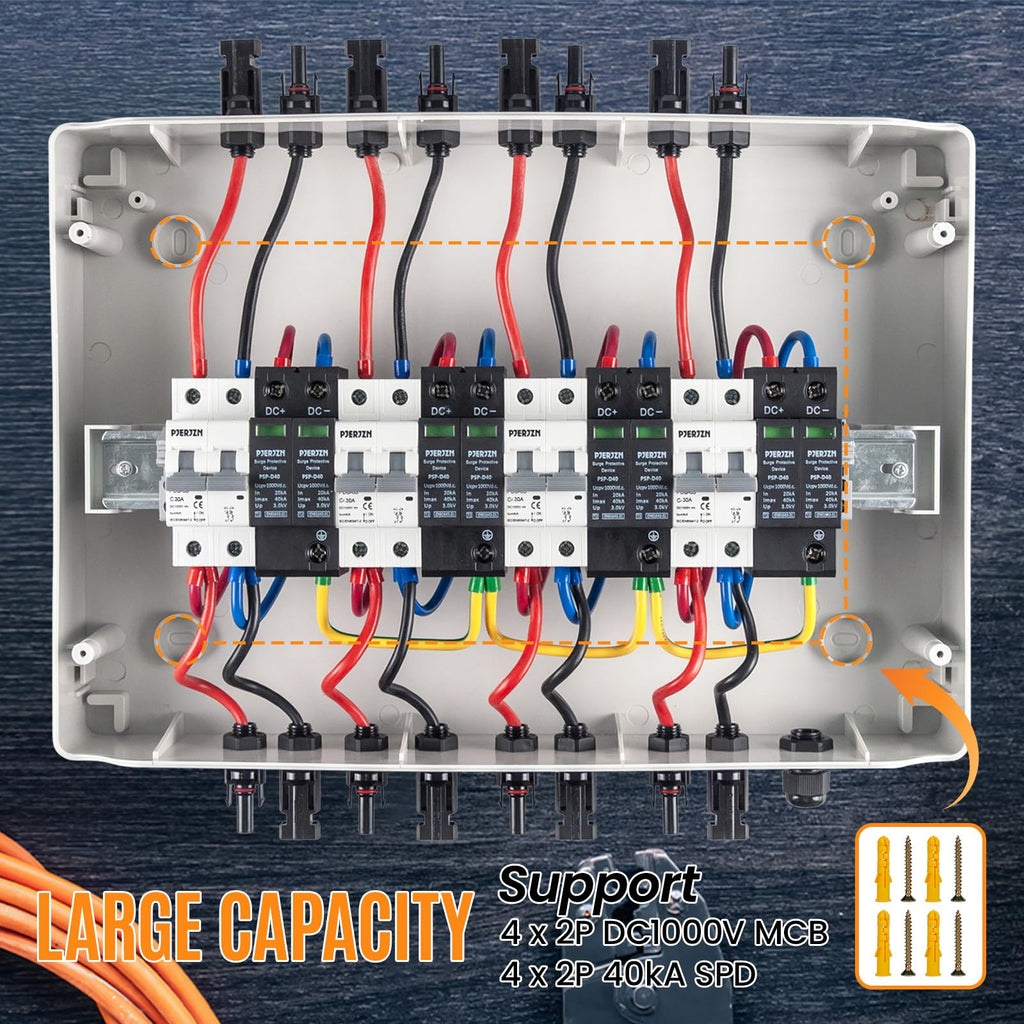Solar Disconnect Switch with SPD Surge Protector 1000V DC 30A Solar PV Combiner Box Power Distribution Box for Solar Panels 2 in 2 Out (30A, HT18 4string)
