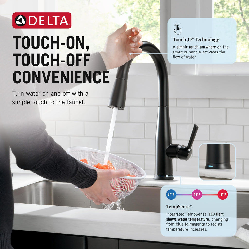 Delta Essa Matte Black Touch Kitchen Faucet with Pull Down Sprayer, Modern Single Hole Touch On Kitchen Sink Faucet, Single Handle, Matte Black 9113T-BL-DST