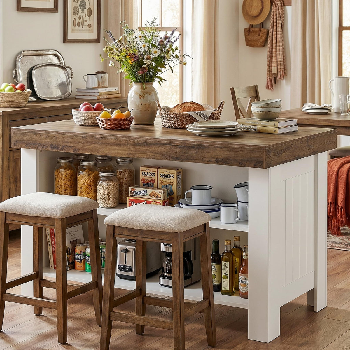 Tribesigns 55" Kitchen Island with Storage & Seating (Rustic Brown & White)