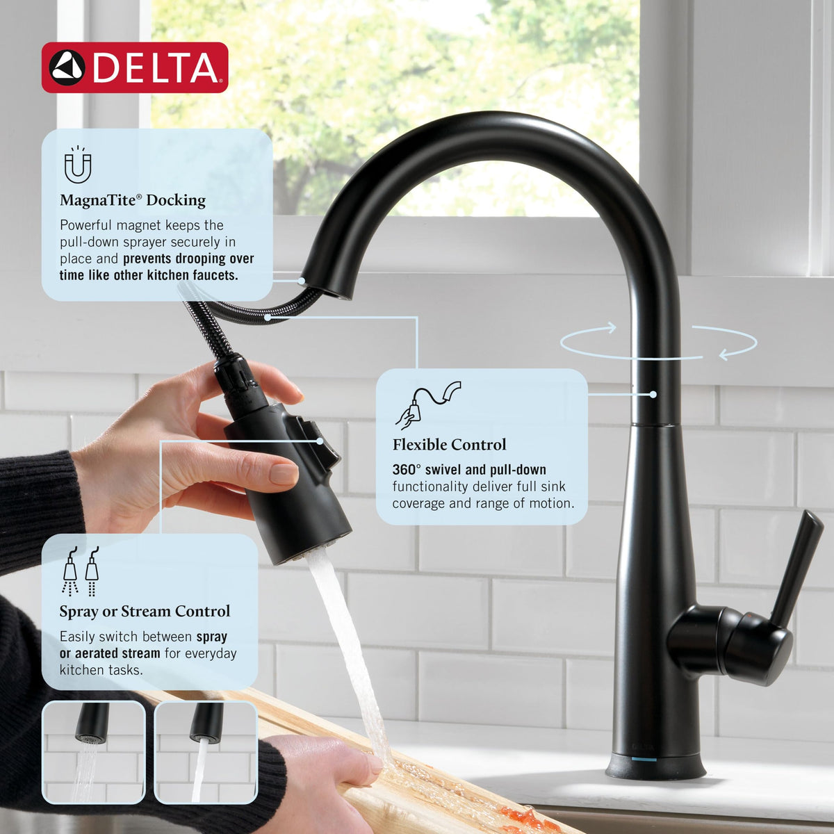Delta Essa Matte Black Touch Kitchen Faucet with Pull Down Sprayer, Modern Single Hole Touch On Kitchen Sink Faucet, Single Handle, Matte Black 9113T-BL-DST