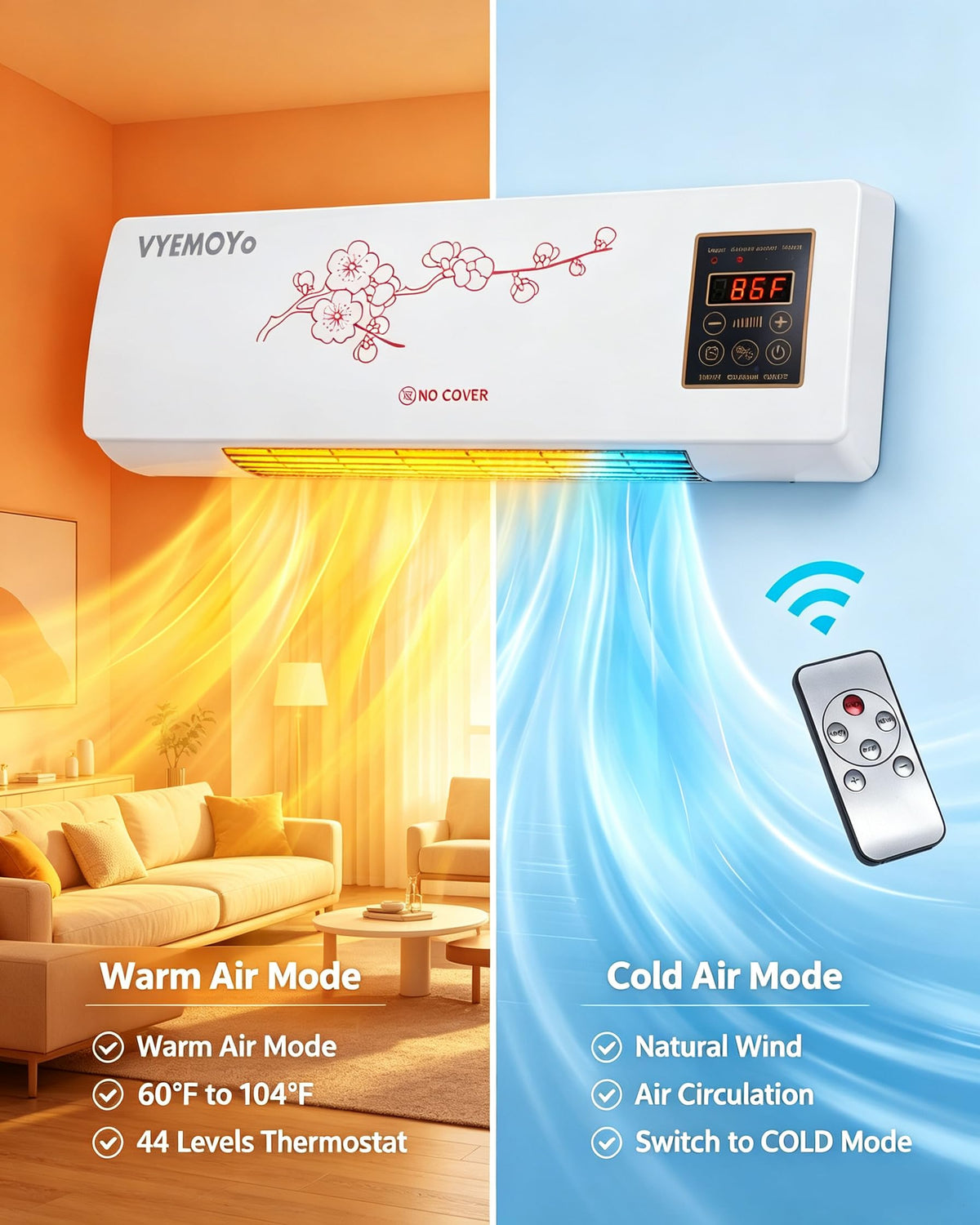 Wall-Mounted Space Heater with Remote Control for Indoor Use