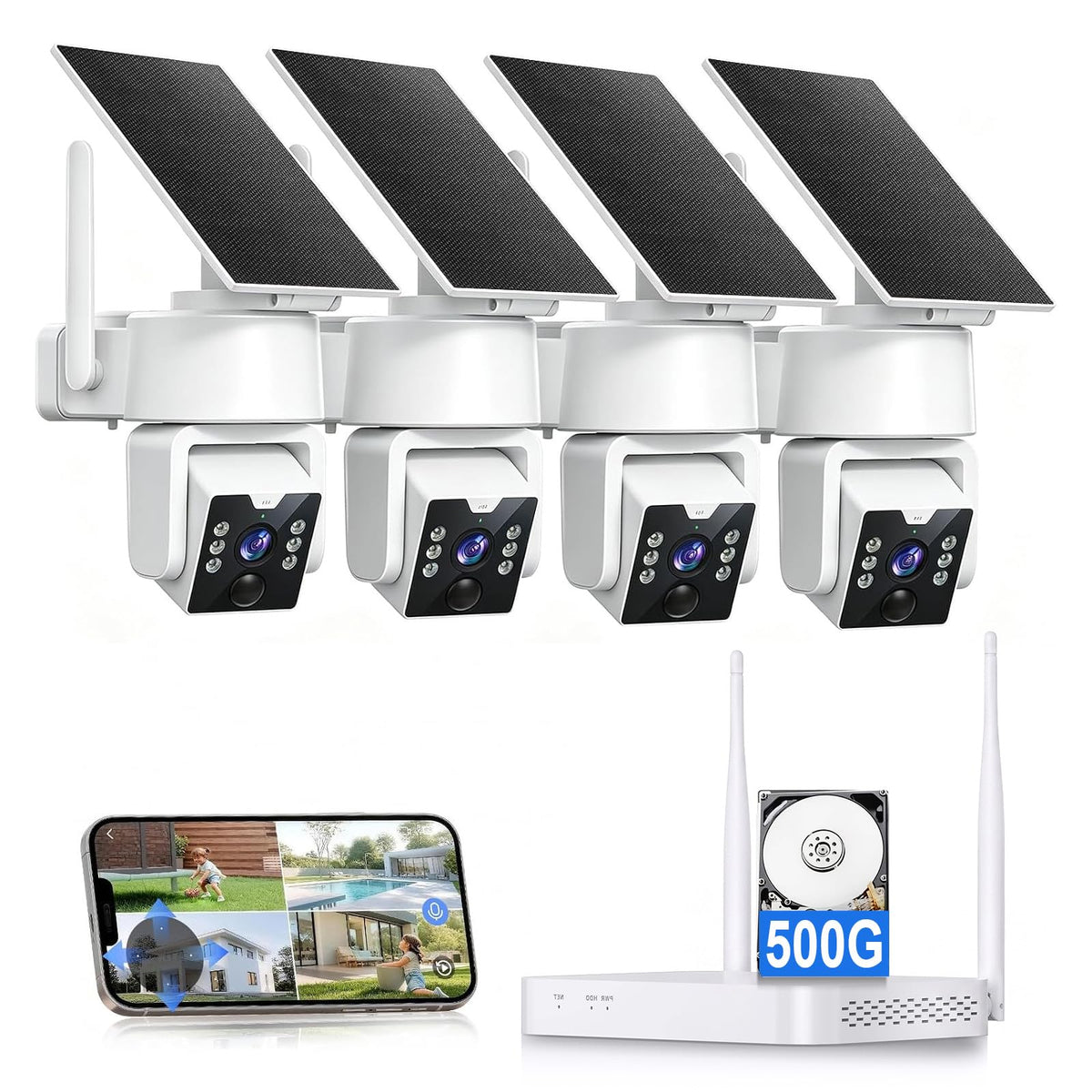 No Monthly Fee Solar Security Cameras Wireless Outdoor, home security systems,500GB HDD nvr security camera system No Subscription, 2.4G & 5G WiFi,2-Way Audio, 4MP, Color Night Vision, 360° View