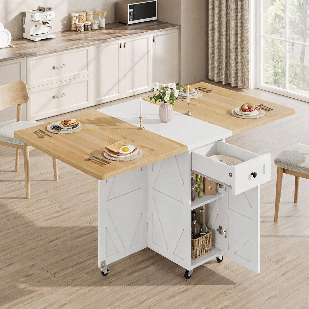 Jocoevol Folding Dining Table for Small Spaces, Foldable Kitchen Table with Drawer, 2-Tier Storage Shelf & Wheels, Space Saving Dining Table for 2 4, Farmhouse, Natural