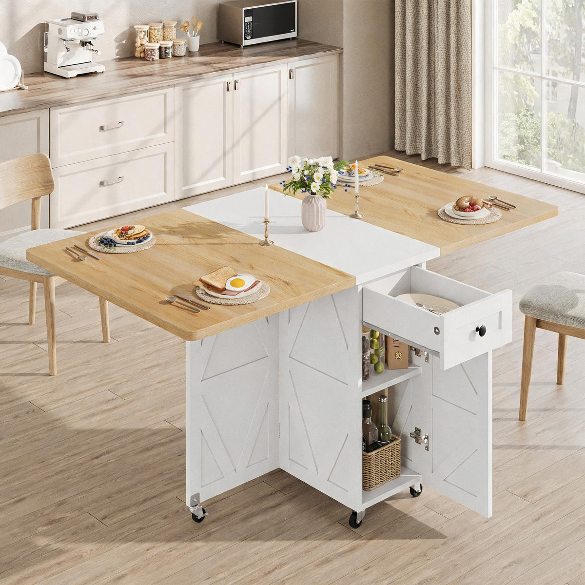 Jocoevol Folding Dining Table for Small Spaces, Foldable Kitchen Table with Drawer, 2-Tier Storage Shelf & Wheels, Space Saving Dining Table for 2 4, Farmhouse, Natural