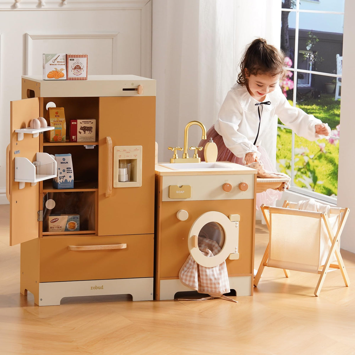 ROBUD 4-in-1 Wooden Play Kitchen Set with Fridge Washer Dishwasher