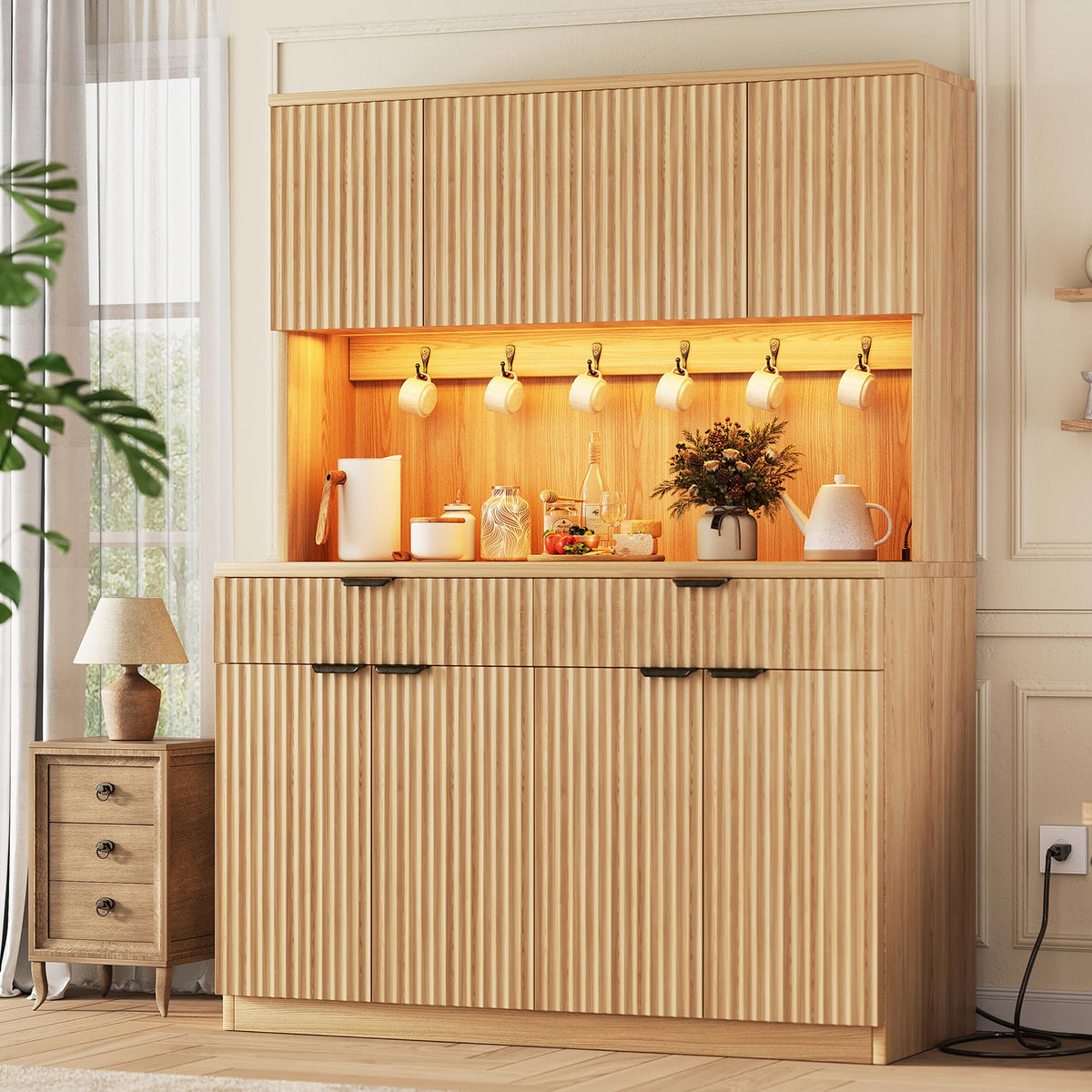 Fluted Kitchen Pantry Storage Cabinet with Charging Station & LED Lights