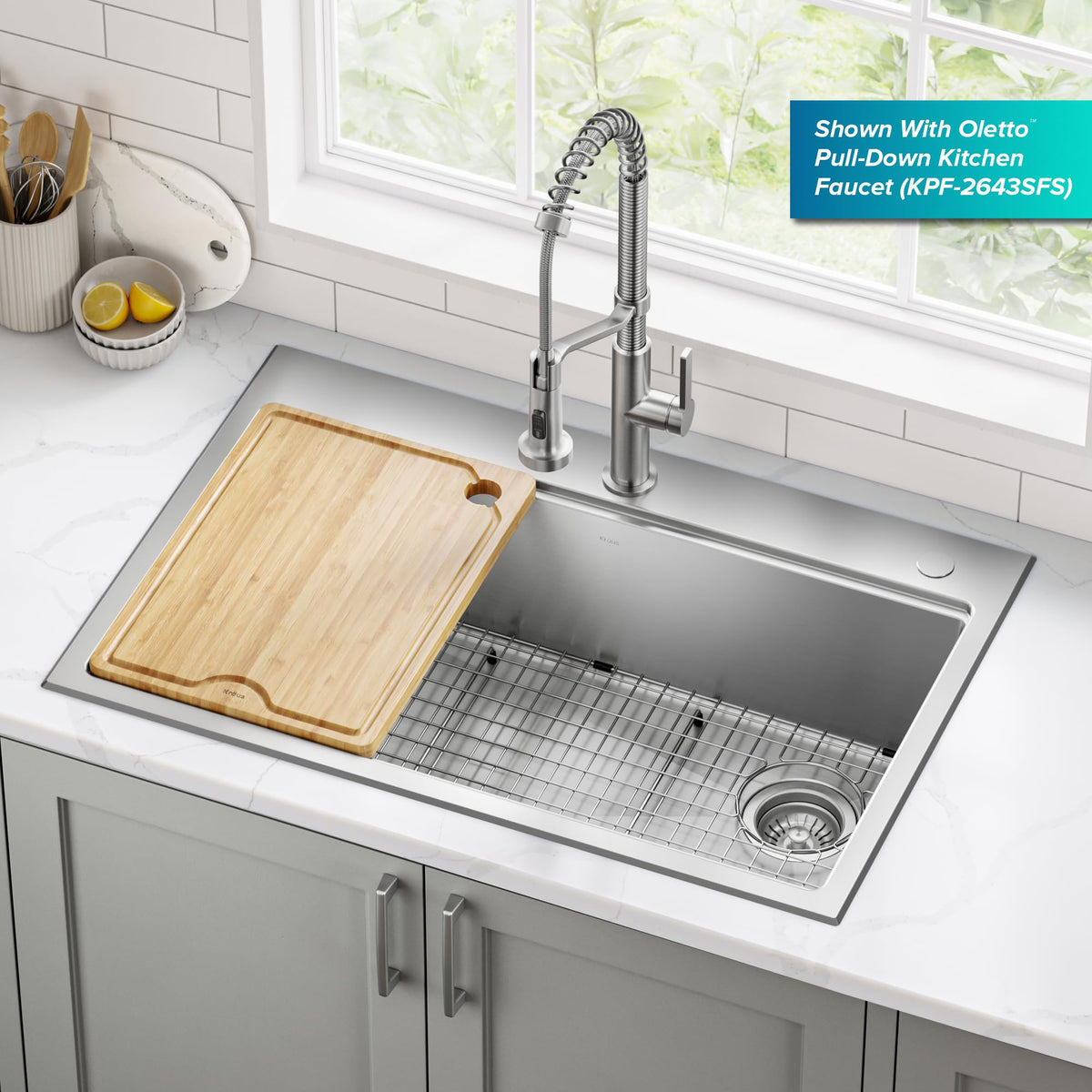 KRAUS Fairlane 33 in Drop In/Top Mount Workstation Single Bowl 18-Gauge Stainless Steel Kitchen Sink with Accessories, KWT610-33