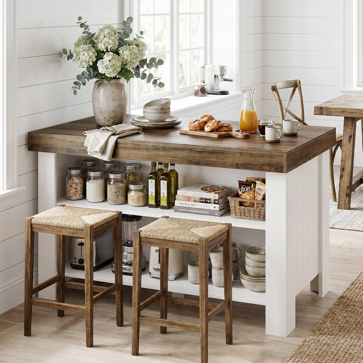 Tribesigns 55" Kitchen Island with Storage & Seating (Rustic Brown & White)