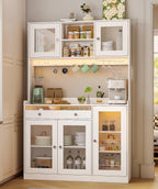 71" Tall Kitchen Pantry Cabinet with Microwave Countertop, LED Lights White