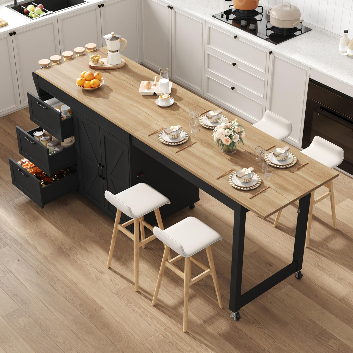 47”- 90” Flip-Top Kitchen Island with Extendable Dining Table, Mobile Rolling Storage Kitchen Cart with 3 Drawers & Spice Rack, Multi-Functional Bar Island Table Seats 2-4, Black