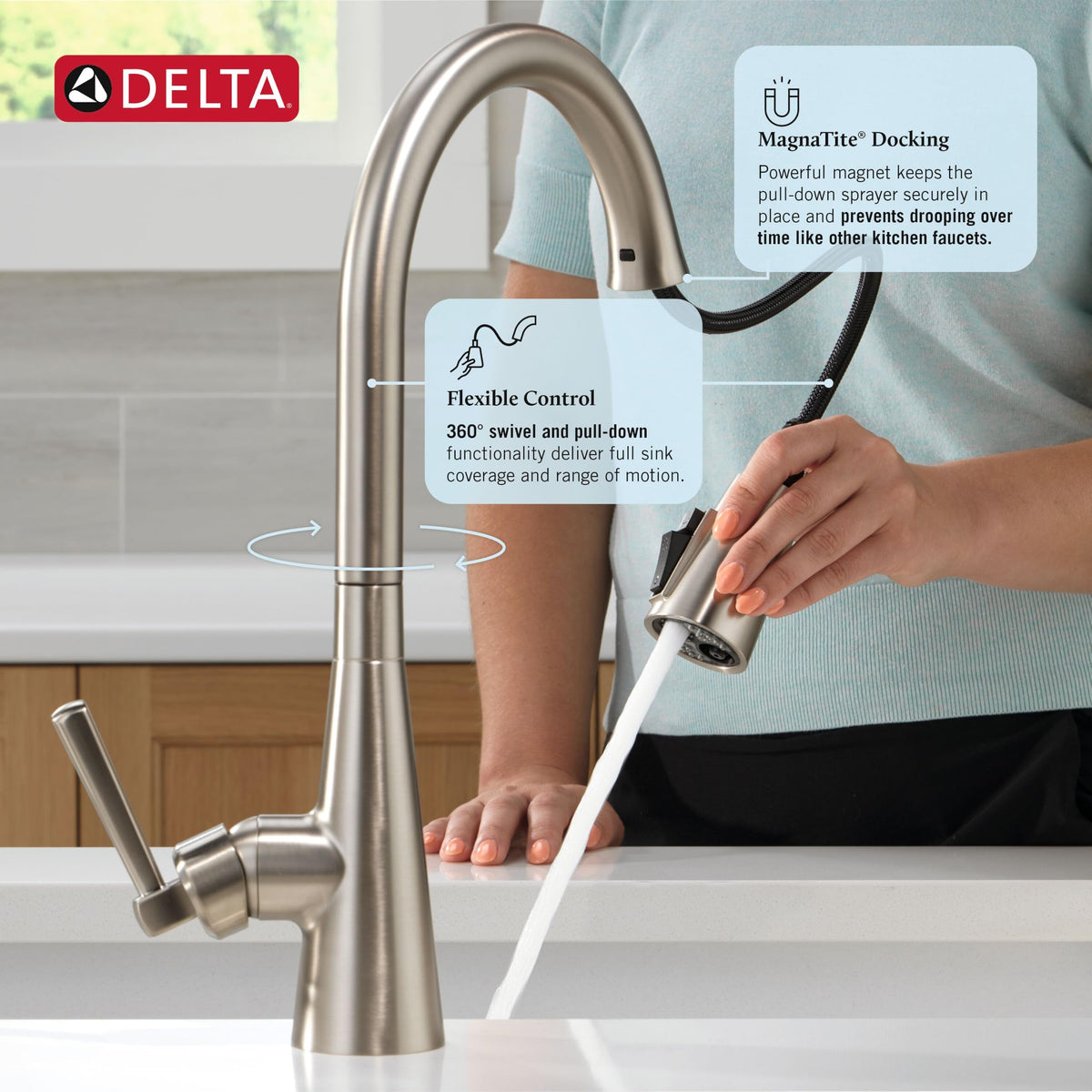 Delta Faucet Boyd Kitchen Faucet with Soap Dispenser, Kitchen Faucets with Pull Down Sprayer Brushed Nickel, Kitchen Sink Faucet with Magnetic Docking Spray Head, SpotShield Stainless 19893Z-SPSD-DST