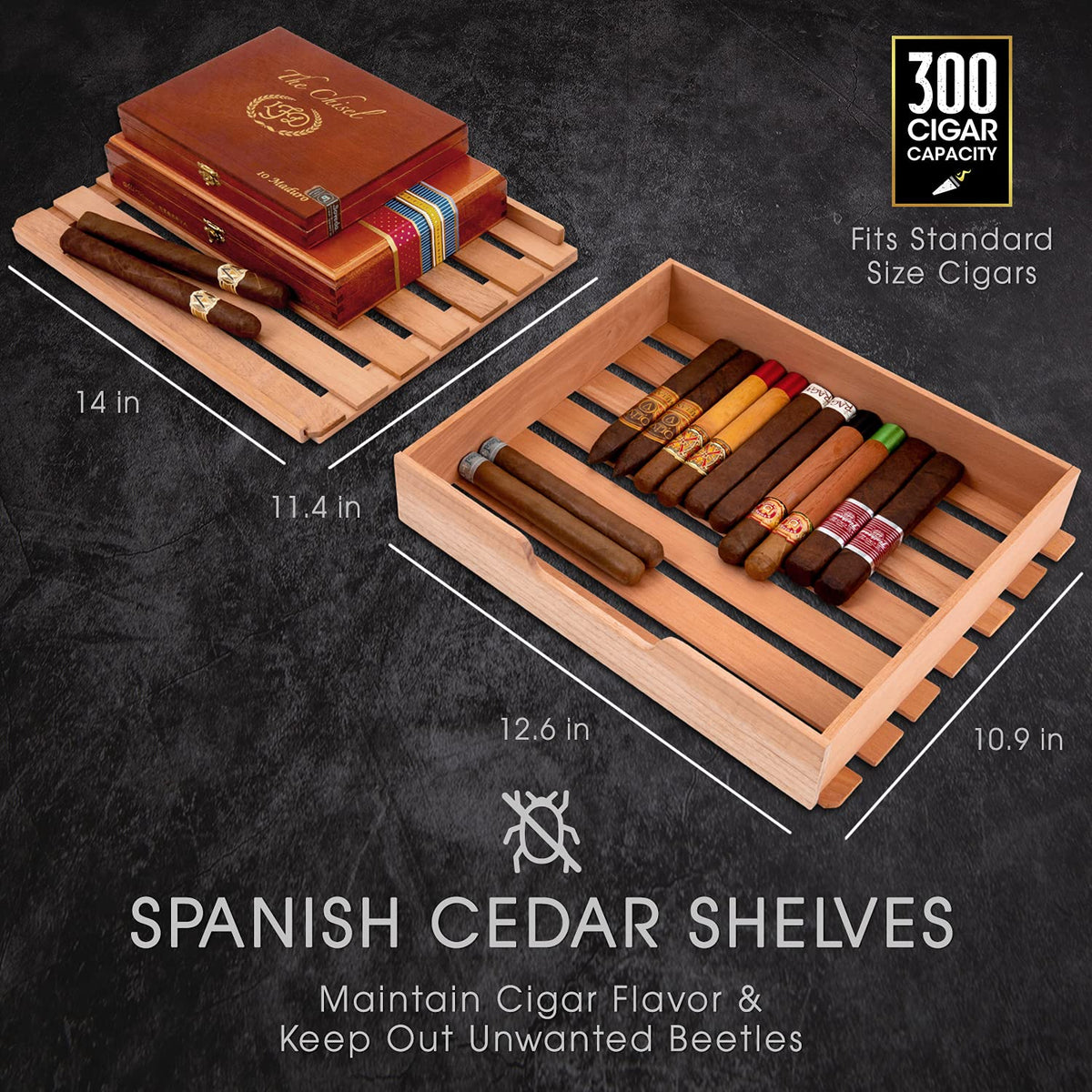 SCHMÉCKÉ 300 Cigar Cooler Humidor with 3 in 1 Precise Cooling, Heating & Humidity Control, Stainless Steel Trim Finish Cabinet, Spanish Cedar Wood Shelves and Drawer with Built in Digital Hygrometer