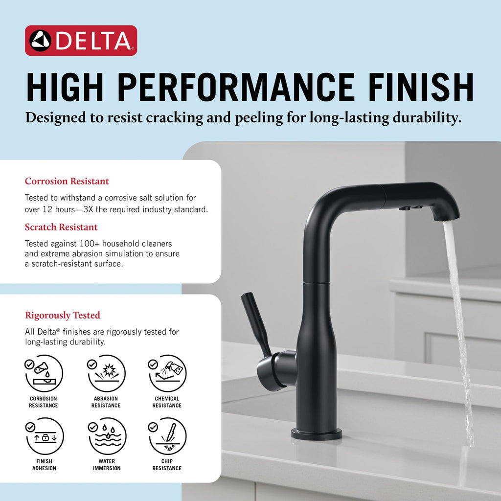 Delta Almari Matte Black Kitchen Faucet with Pull-Out Sprayer, Modern Single Hole Kitchen Sink Faucet, Single Handle, Matte Black 16943-BL-DST