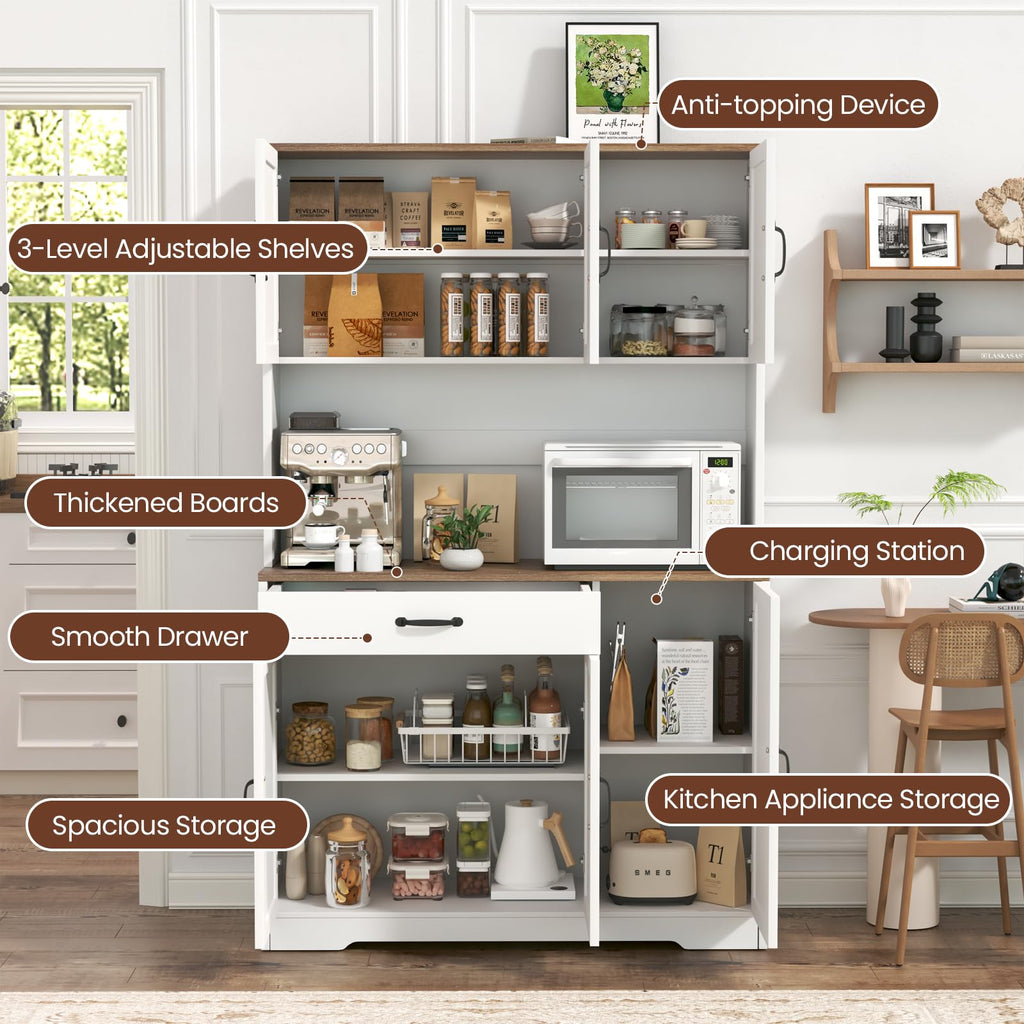 71" Pantry Cabinet with Charging Station, Large Capacity Kitchen Hutch Storage Cabinet, Kitchen Cabinet with Microwave Stand, Storage Drawers & Adjustable Shelves for Dining Room, White