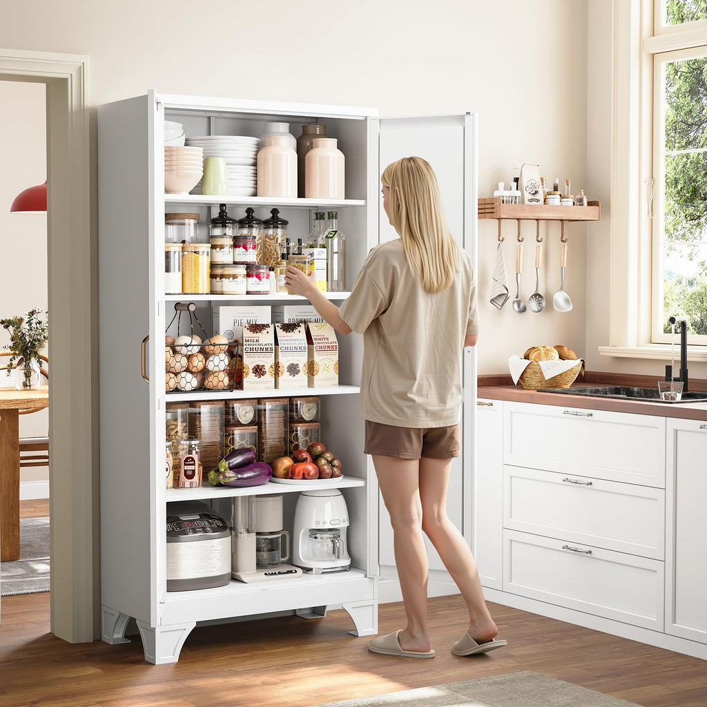Metal Pantry Storage Cabinets with Doors and Shelves,75" Tall White