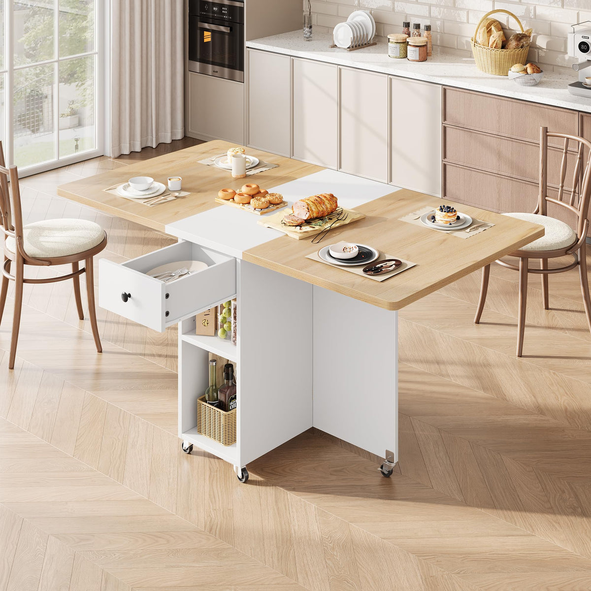 Jocoevol Folding Dining Table for Small Spaces, Foldable Kitchen Table with Drawer, 2-Tier Storage Shelf & Wheels, Space Saving Dining Table for 2 4, Farmhouse, Natural